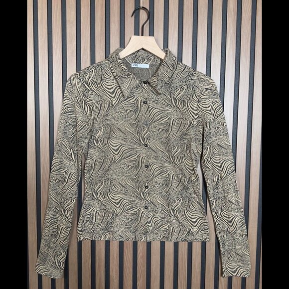Zara Shirt Medium Brown Abstract Art Long Sleeve Button Performance Stretch Knit - Picture 1 of 7
